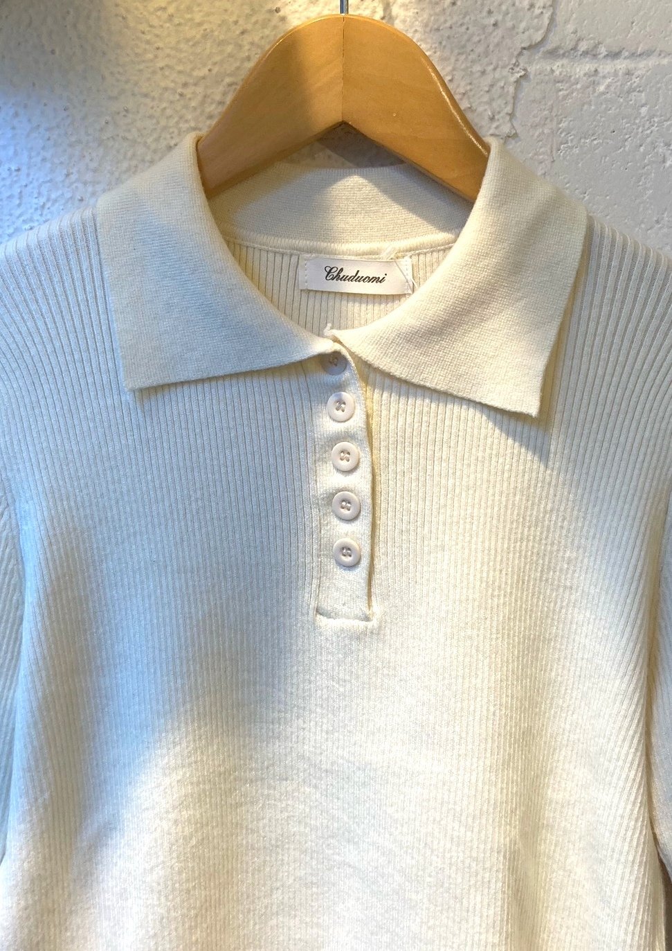 画像: 【Rib Knit Long-sleeve Polo Shirt】リブニット 長袖ポロシャツ(natural)