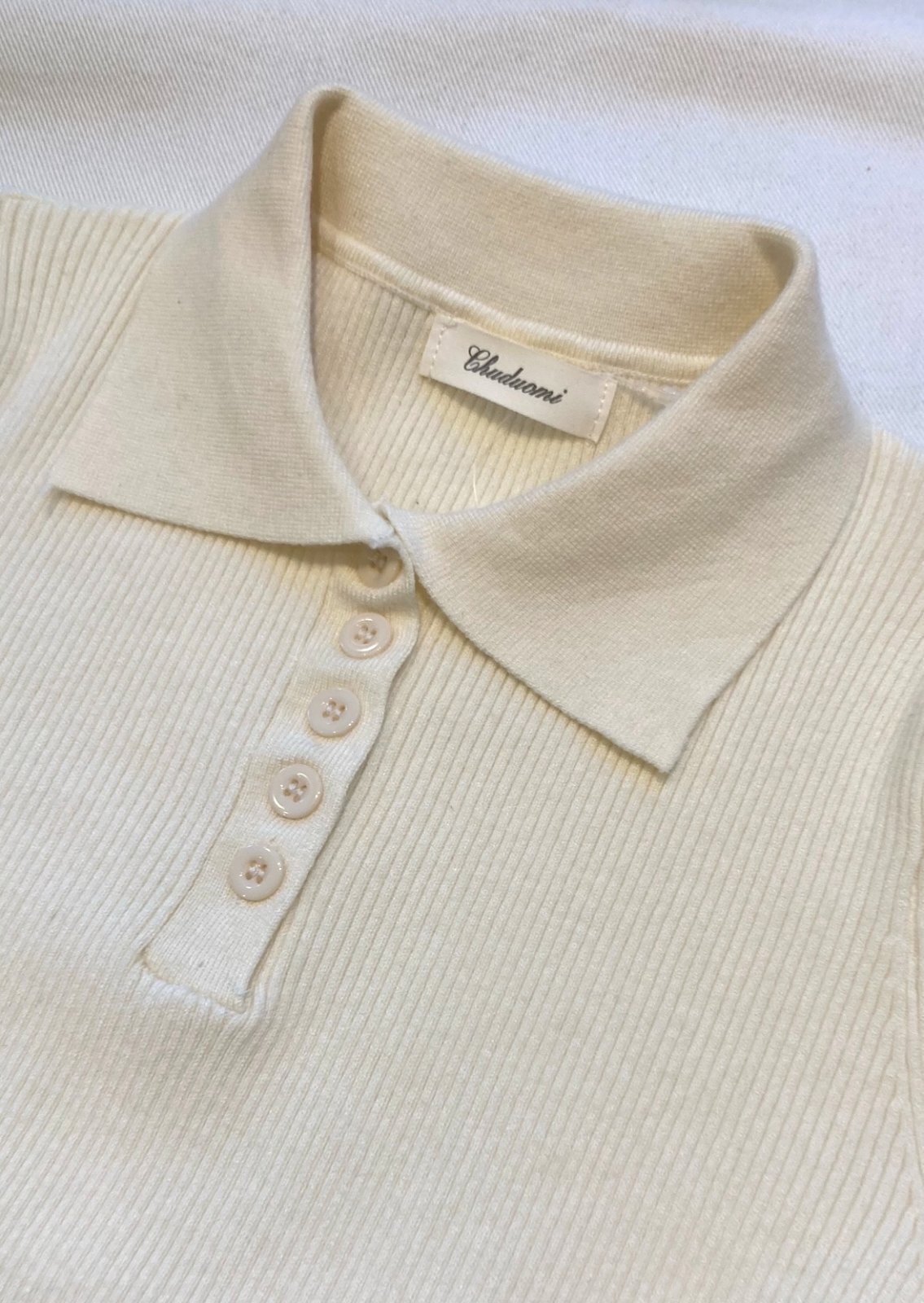 画像1: 【Rib Knit Long-sleeve Polo Shirt】リブニット 長袖ポロシャツ(natural)